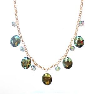 Green glass bead necklace with dangling oval glass beads on gold link chain New